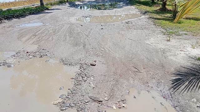 Teks foto : Badan Jalan di Dusun I Desa Mangga Dua bagaikan "Kolam Ikan"