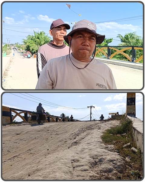 Teks foto : Herman memakai topi didampingi Surya Marantika saat diwawancarai,Sabtu (19/7/2025), terkait kondisi jembatan di Kecamatan Bandar Khalipah,Sergai.