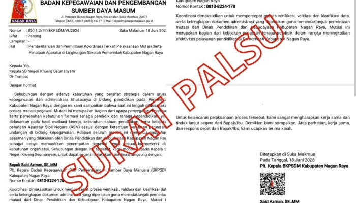 Surat Mutasi ASN Palsu Beredar di Nagan Raya, Nama BKPSDM Dicatut: Kepala Sekolah Diingatkan Jangan Terjebak Modus Penipuan